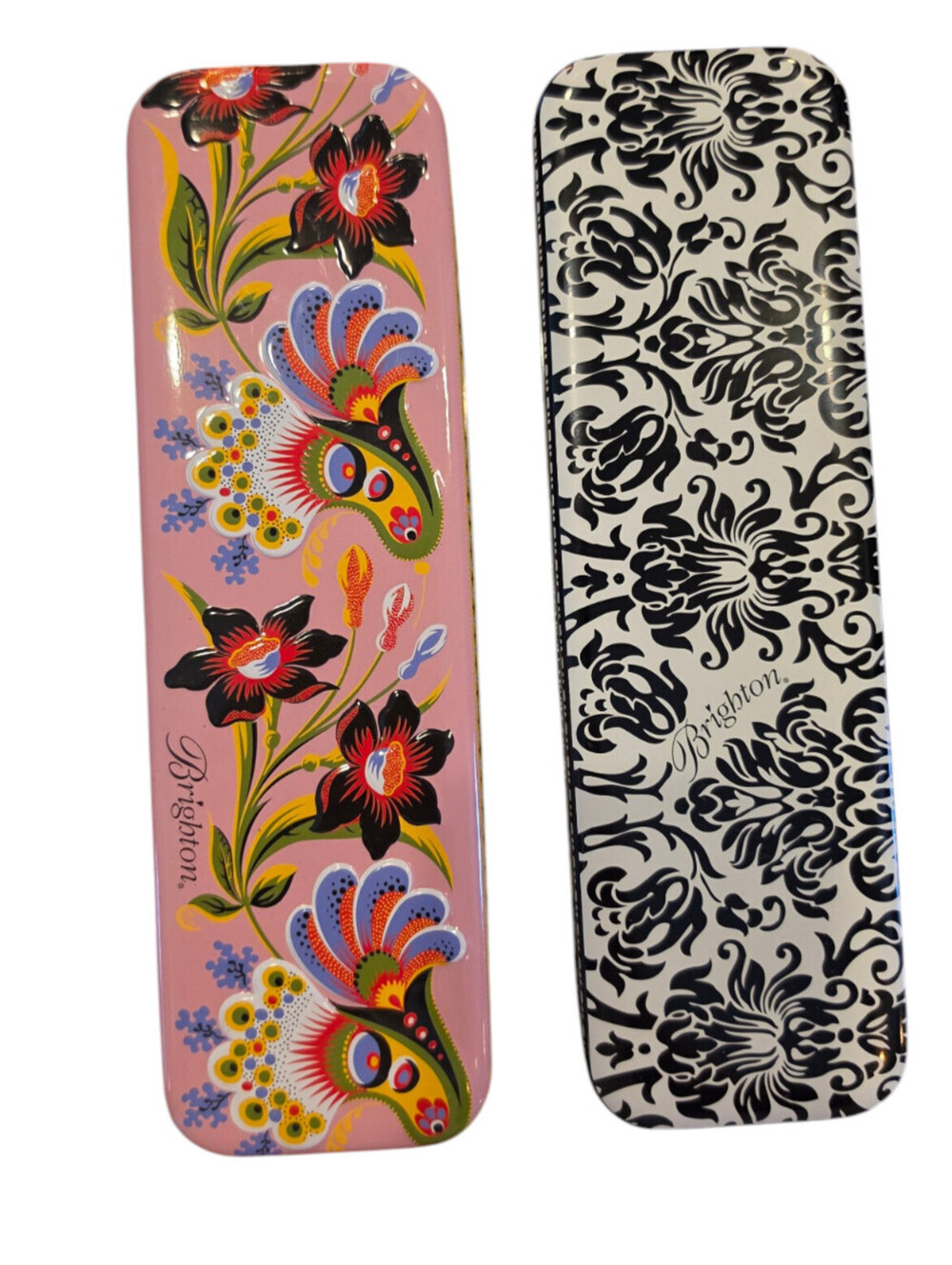 2 BRIGHTON METAL TIN Watch Case Gift Box Empty Black/White Print & Pink Floral